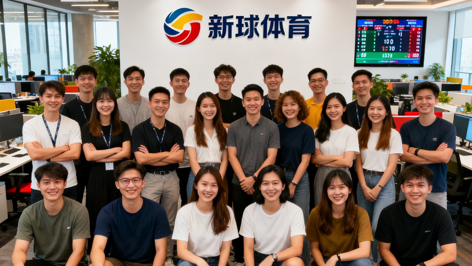 新球体育团队在深圳办公室的合影，约50名员工在开放式办公区排列成三排，背景墙上印有公司logo和实时比分大屏幕，年轻多元化的团队面带自信笑容，办公环境现代明亮