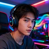 一位戴着电竞耳机的年轻玩家头像，背景是RGB灯效的游戏房间
