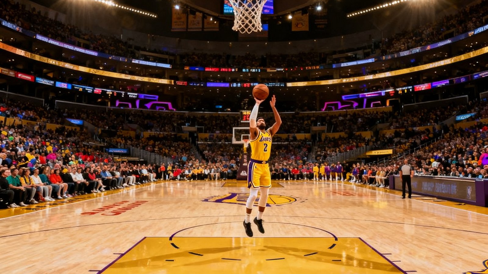 NBA常规赛直播画面，洛杉矶湖人队主场迎战金州勇士队，一名湖人球员正在三分线外跳投出手，球馆内金色灯光映照在硬木地板上，观众席爆满，大屏幕显示实时比分87比82