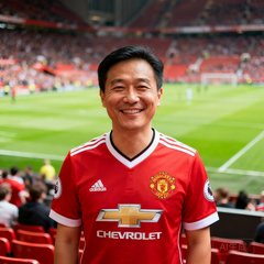 一位30岁左右男性球迷的正面半身照，穿着曼联红色球衣，面带微笑站在球场看台前，背景是虚化的绿色草坪和人群