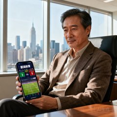 一位40岁左右的中年男性半身照，穿着商务休闲装坐在办公室，手机屏幕上显示着新球体育的比分界面，背景是明亮的落地窗和城市天际线